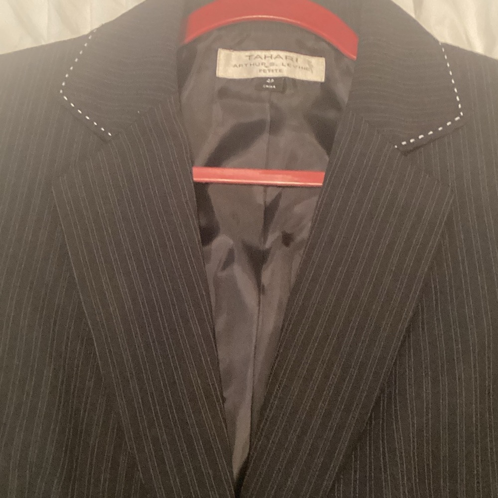 Tahari Black Pinstripe Blazer with White Stitch Detail